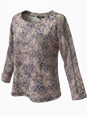 Cable & Gauge Pink Purple Patterned Long-Sleeve Top Open-Sleeve Detail EUC SZ L